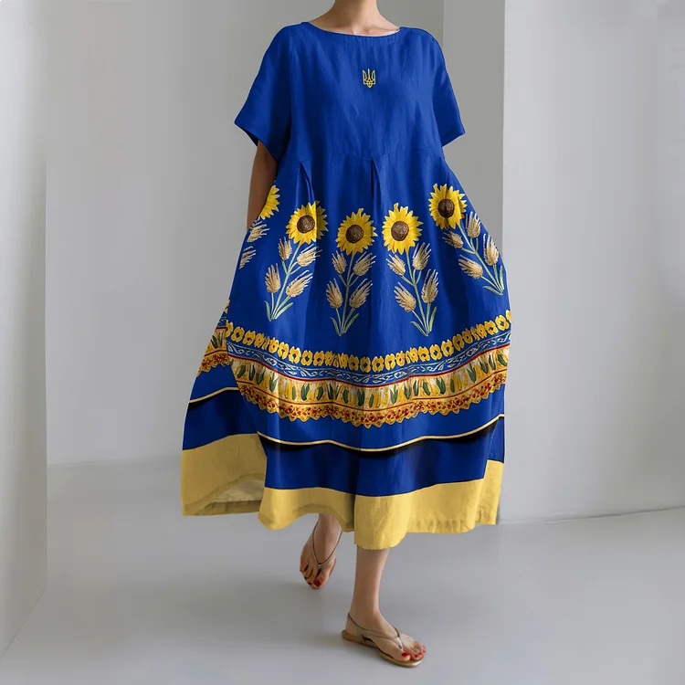 Simpfit Hope mit ukrainischem Sonnenblumen-Kunstmuster, Maxikleid aus Nachahmung aus Nachahmung aus Baumwolle und Leinen