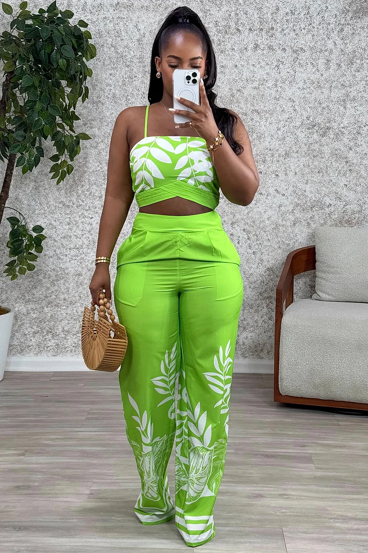 Placement Print Cami Top High-Rise Wide Leg Pants 2pcs Set-Green