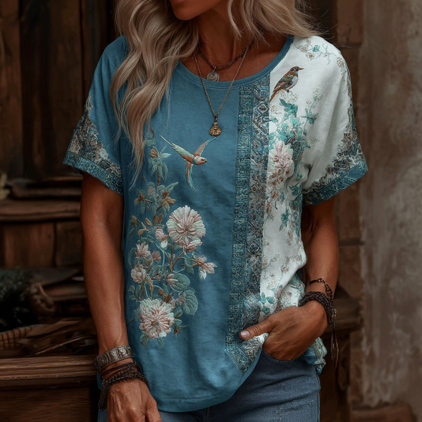 Women's Retro Floral And Bird Print Crew Neck T-shirt elevenforest