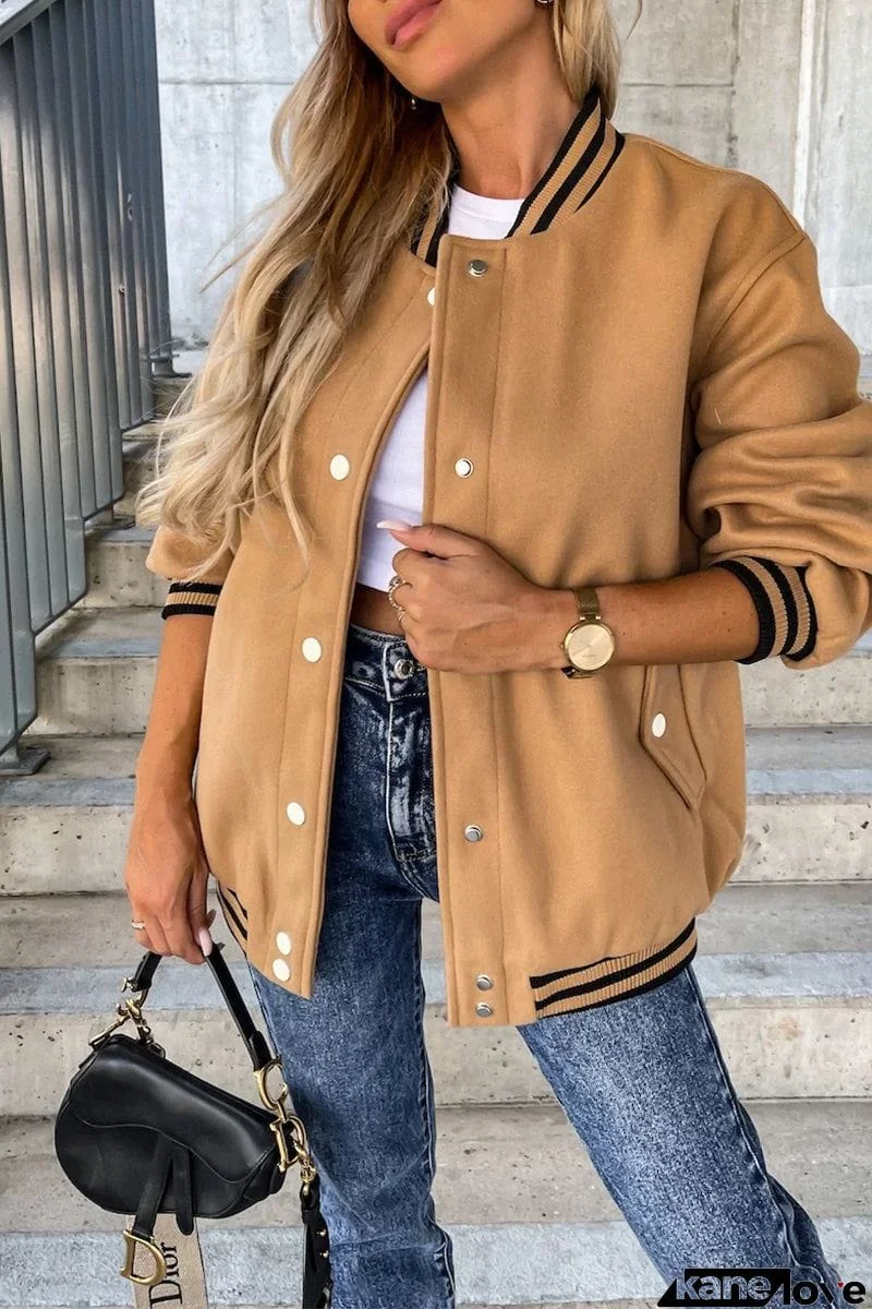 Casual Street Color Block Buckle Contrast O Neck Jacket(4 Colors)