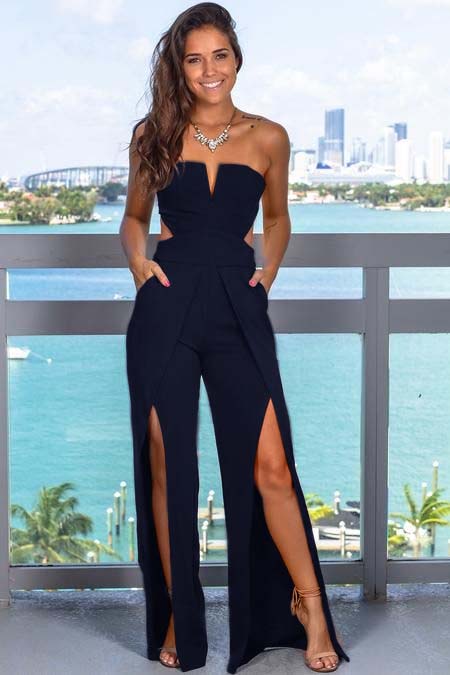  Chic Black Jumpsuit  Strapless Sleeveless Cutout Slit Long Wide Leg JP0007