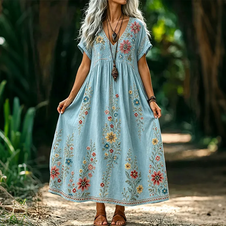 Women's Casual Retro Bohemian Vacation V-neck Linen Dress