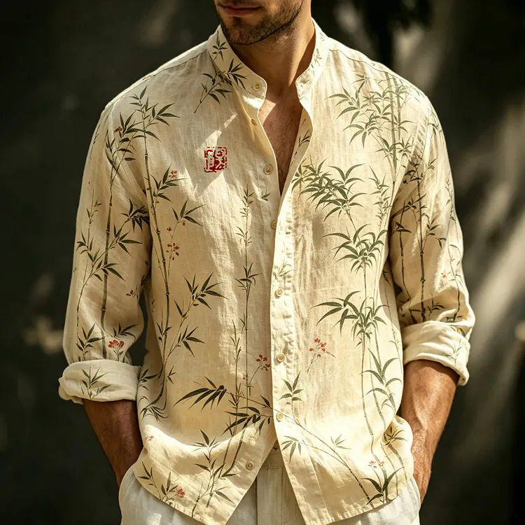 Men's Vintage Japanese Bamboo Art Printed Linen Blend Long Sleeve Shirts