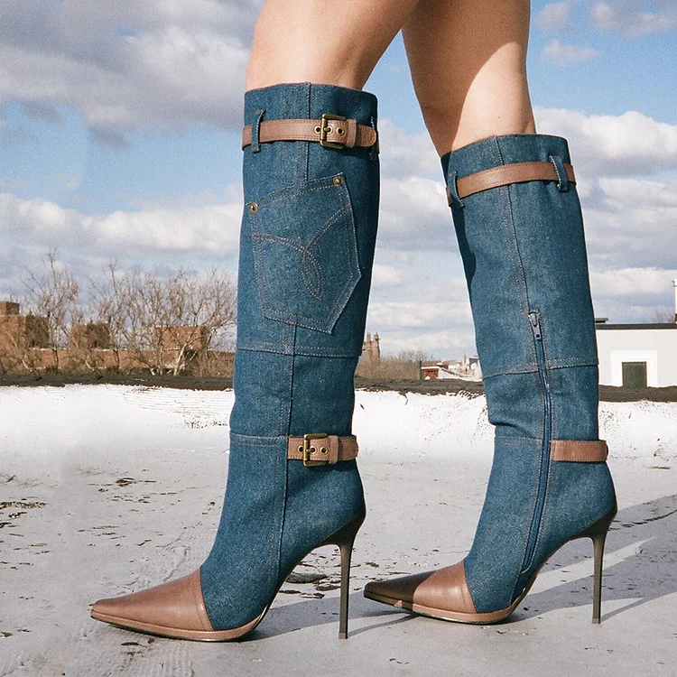 Blue High Heel Pointed Toe Knee High Denim Boots with Buckle Detail |FSJ Shoes
