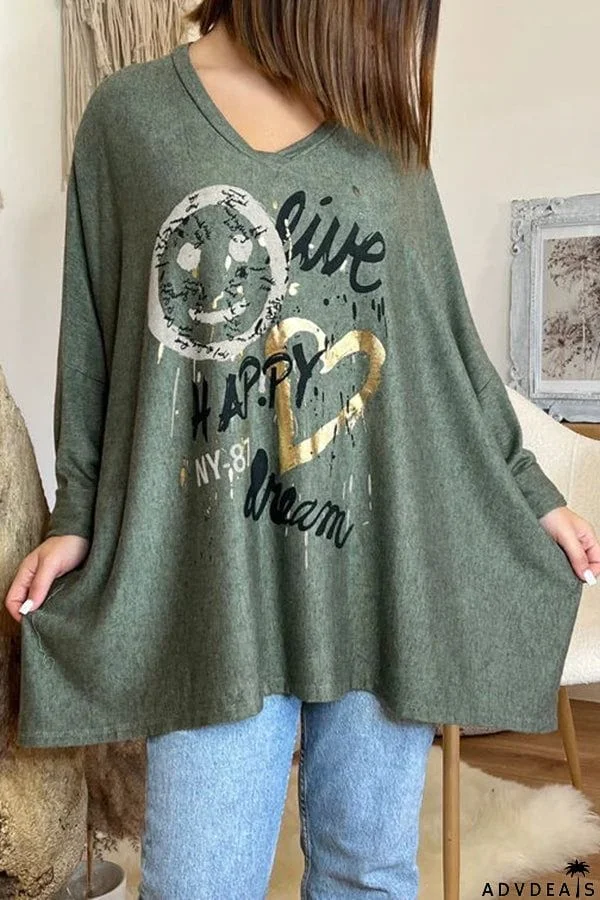 Live Happy Dream Printed Dolman Sleeve Loose Sweatshirt