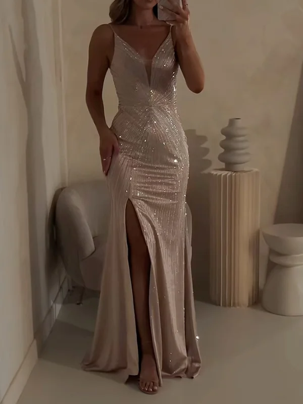 shiny Sequinned Flower Spagehtti-Neck Evening satin Maxi Dresses