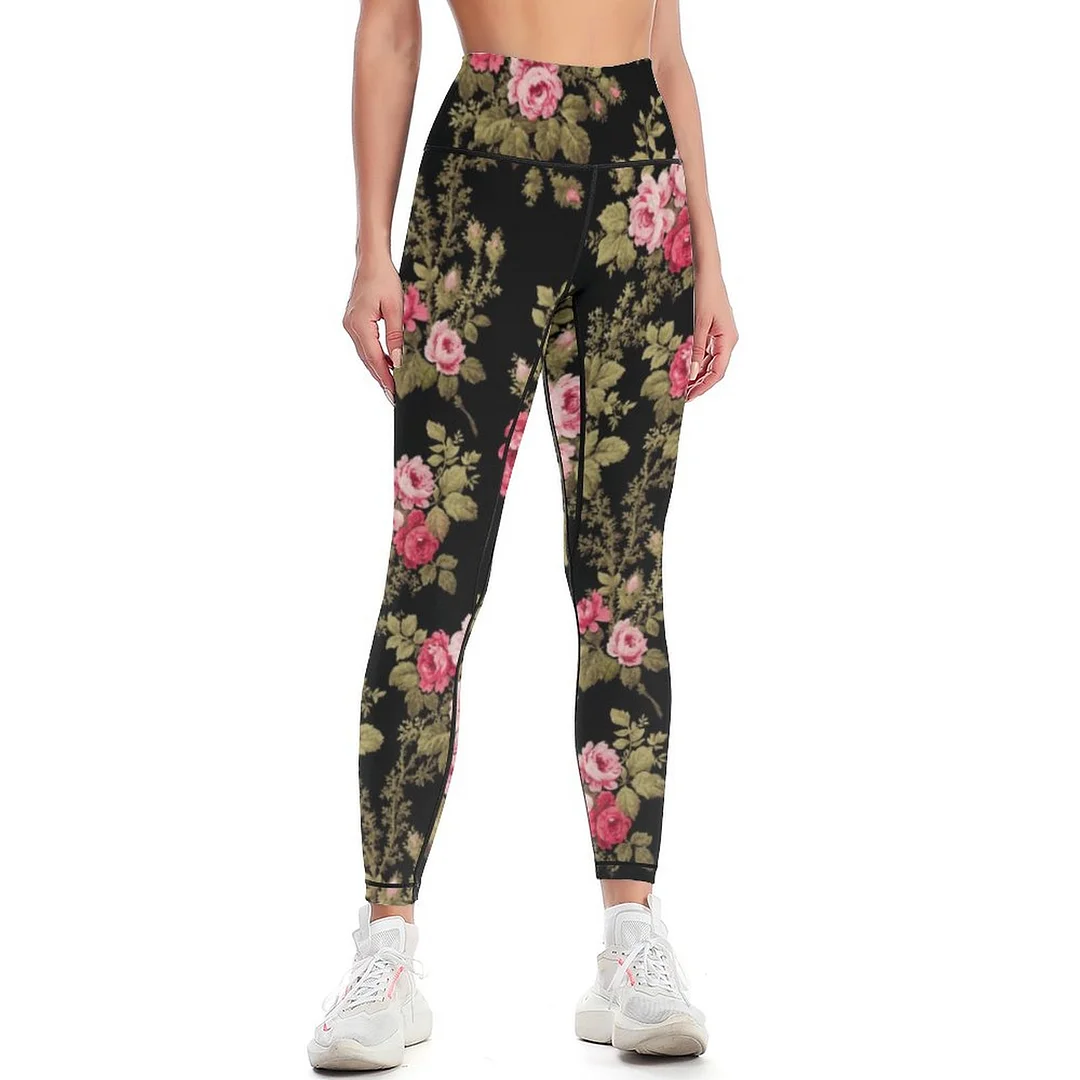 SFNEEWHO Elegant Vintage Pink Roses Black Background Yoga Pants