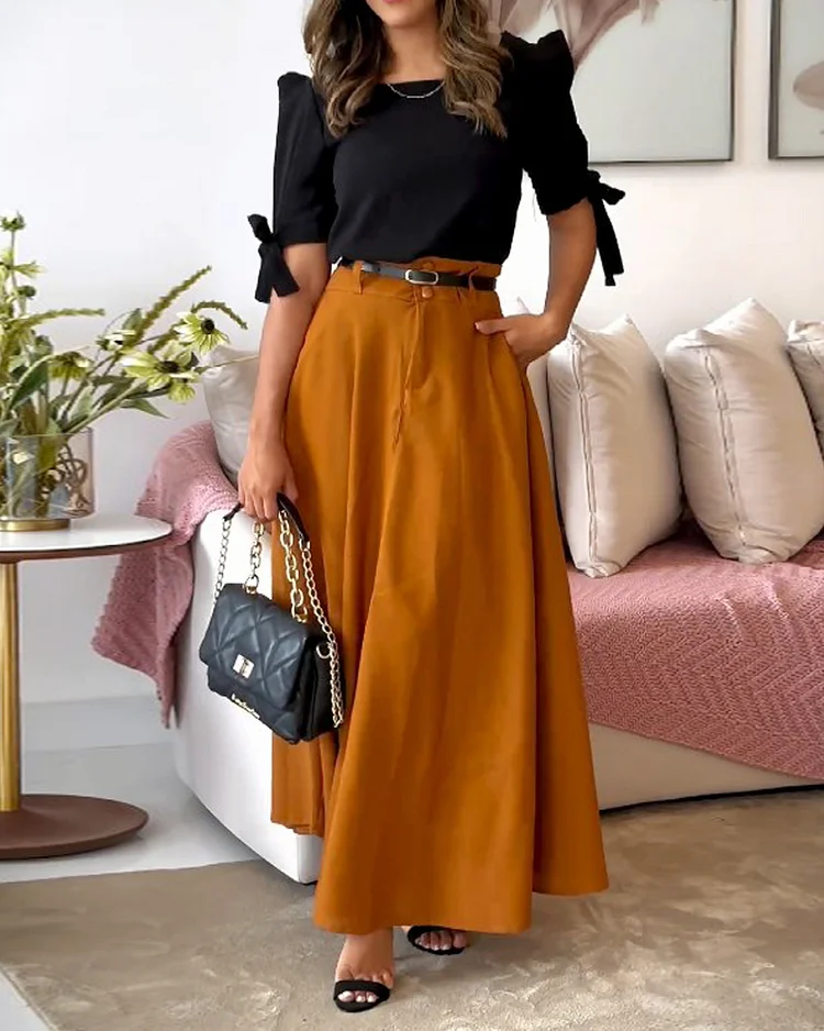 Mid-sleeve casual solid color two-piece set (including belt)