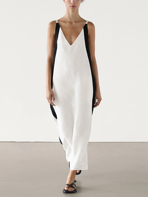 Strap V Neck Side Contrast Stripe Maxi Dress