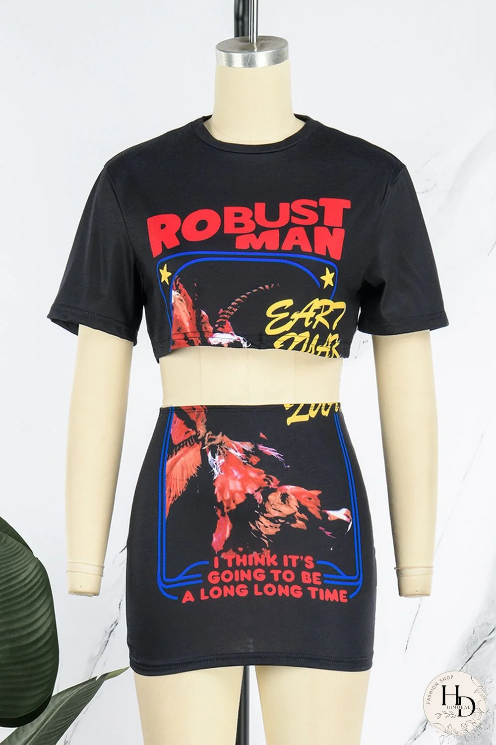 Red Casual Street Print Patchwork O Neck Half Sleeve Two Pieces