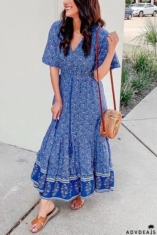 Floral Print Short Sleeve Maxi Dress