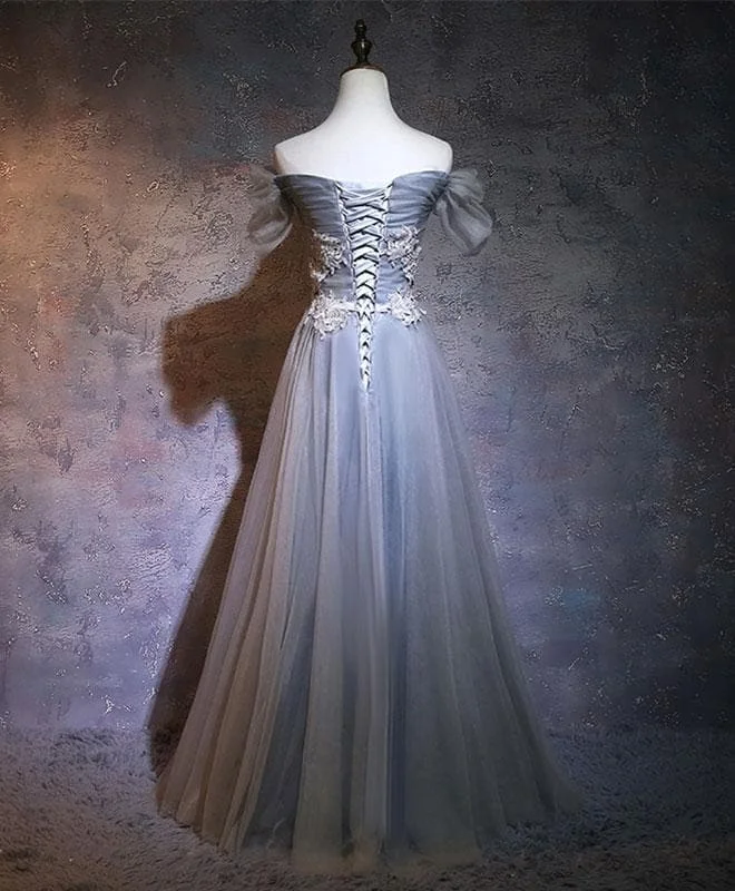 Gray A-Line Tulle Lace Applique Long Prom Dress, Gray Bridesmaid Dress