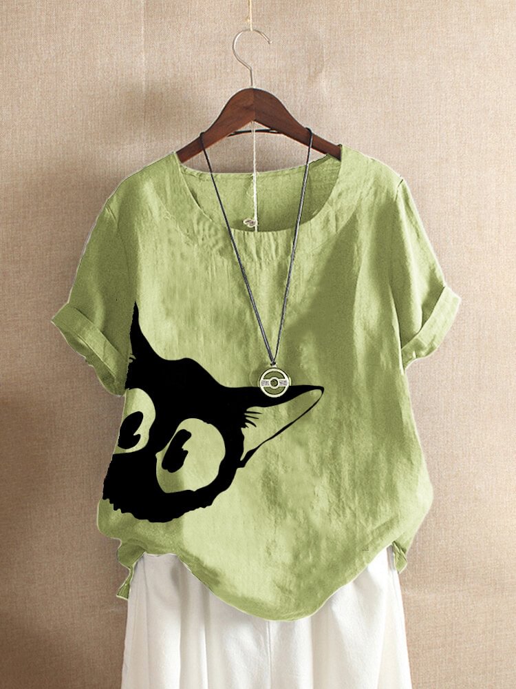 Cartoon Cat Printed Short Sleeve T shirt For Women P1672356