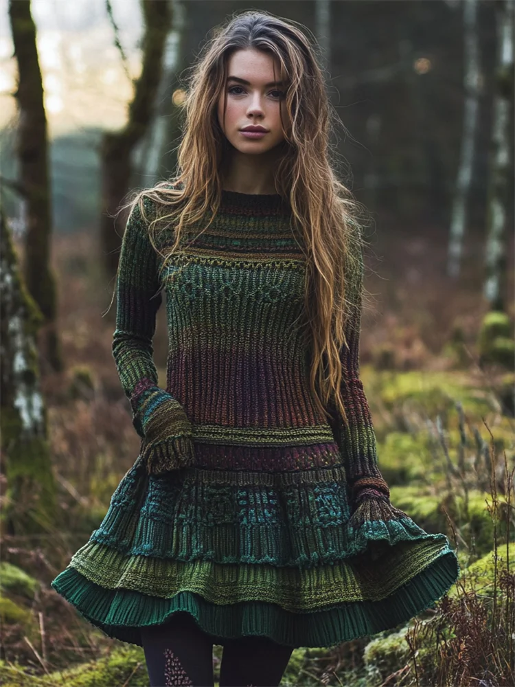 Colorful Layered Patchwork Cozy Knit Flare Sweater Midi Dress