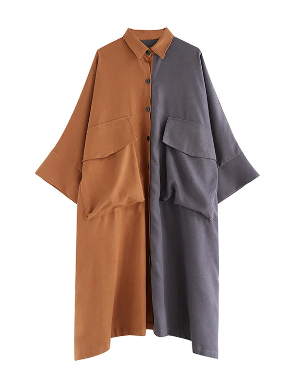 Original Creation Loose Long Sleeves Buttoned Contrast Color Lapel Collar Midi Dresses