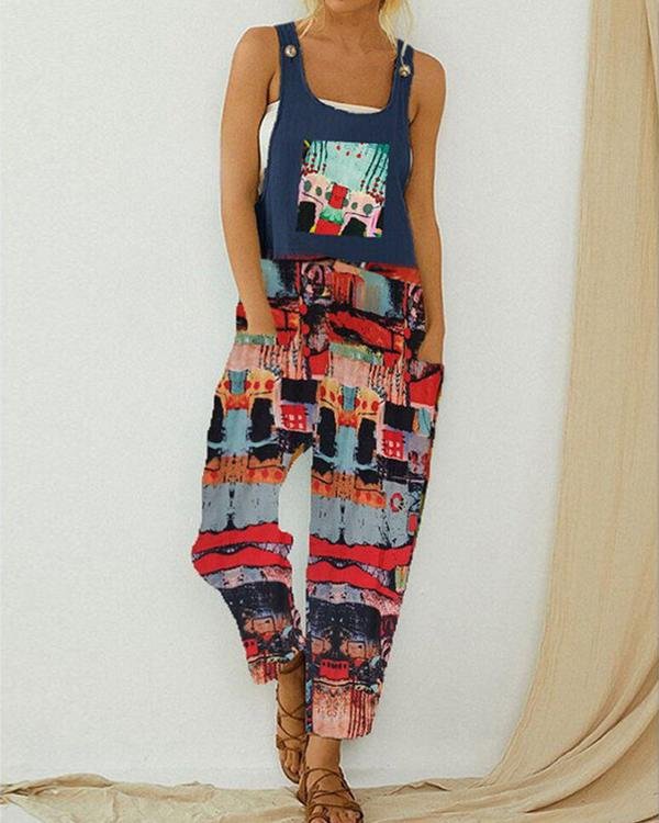 Vintage Printed Straps Jumpsuit With Pocket