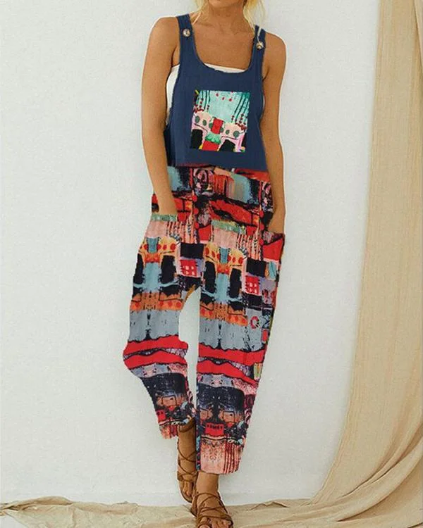 vintage printed straps jumpsuit with pocket p321176