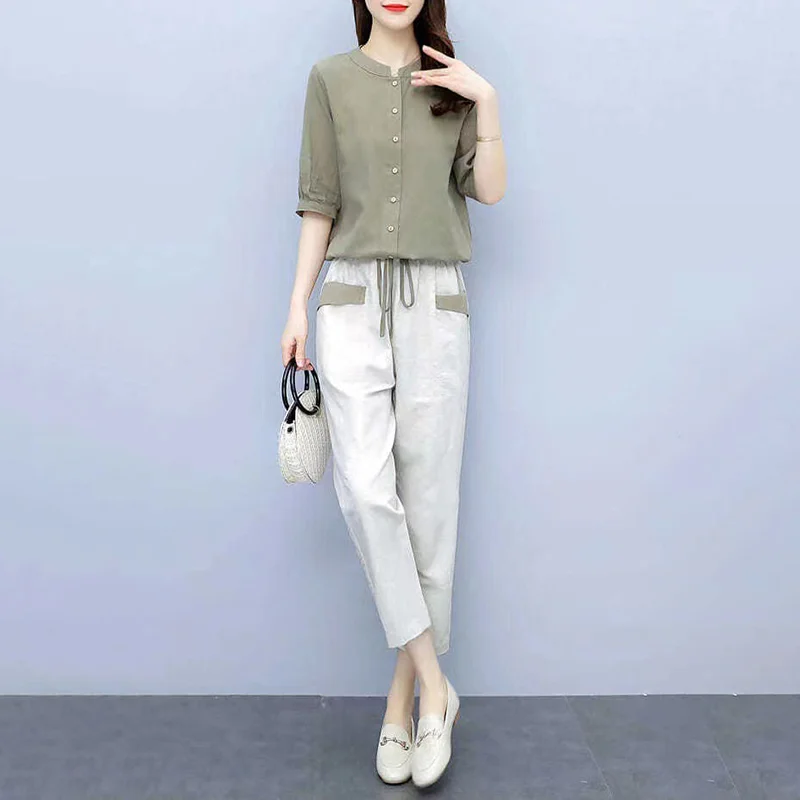 Casual Contrast Color Cotton Linen Two Piece Set
