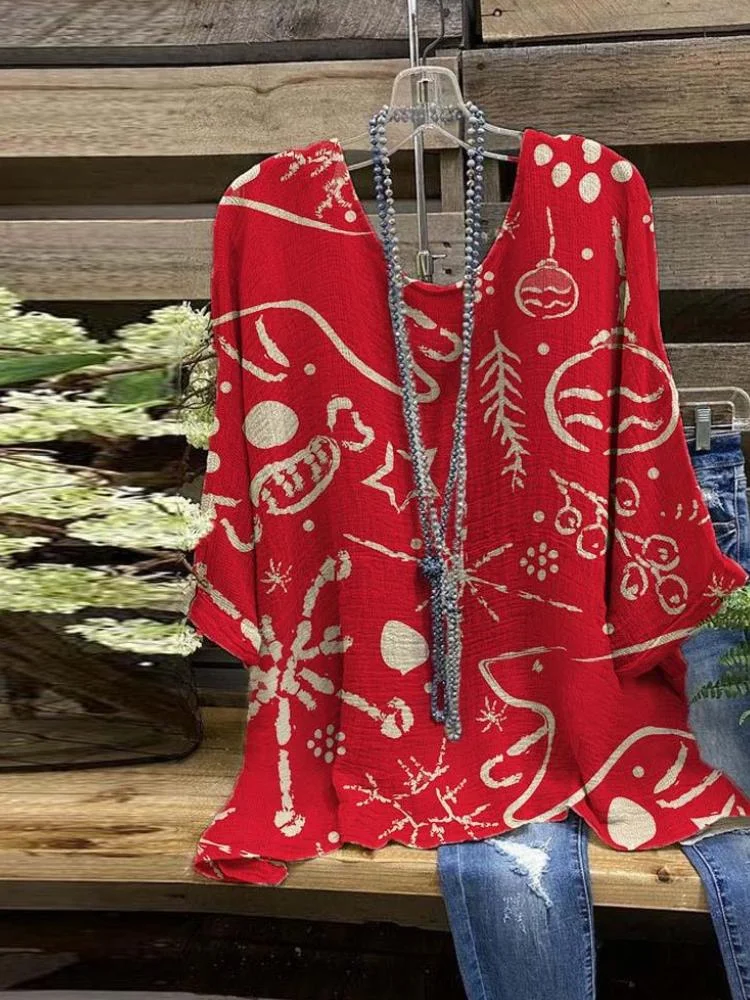 Women's Red Christmas Theme Half Sleeve Top