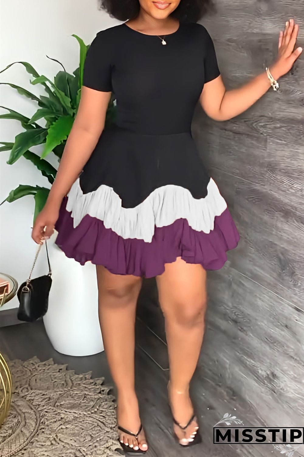 Blue Red Fashion Casual Solid Patchwork O Neck Short Sleeve Dress