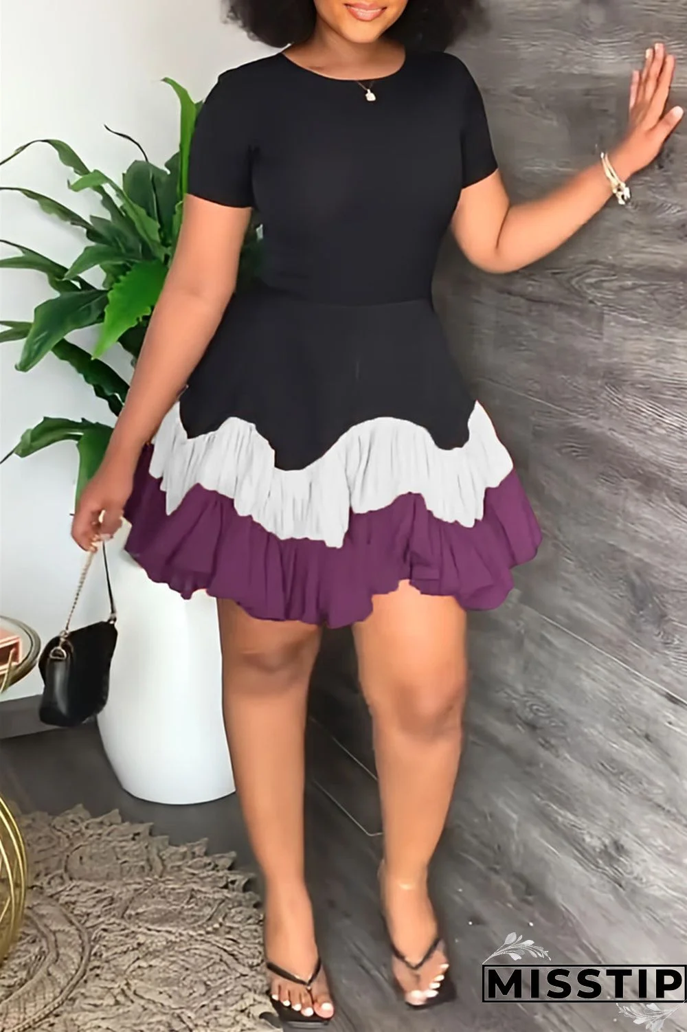 Blue Red Fashion Casual Solid Patchwork O Neck Short Sleeve Dress