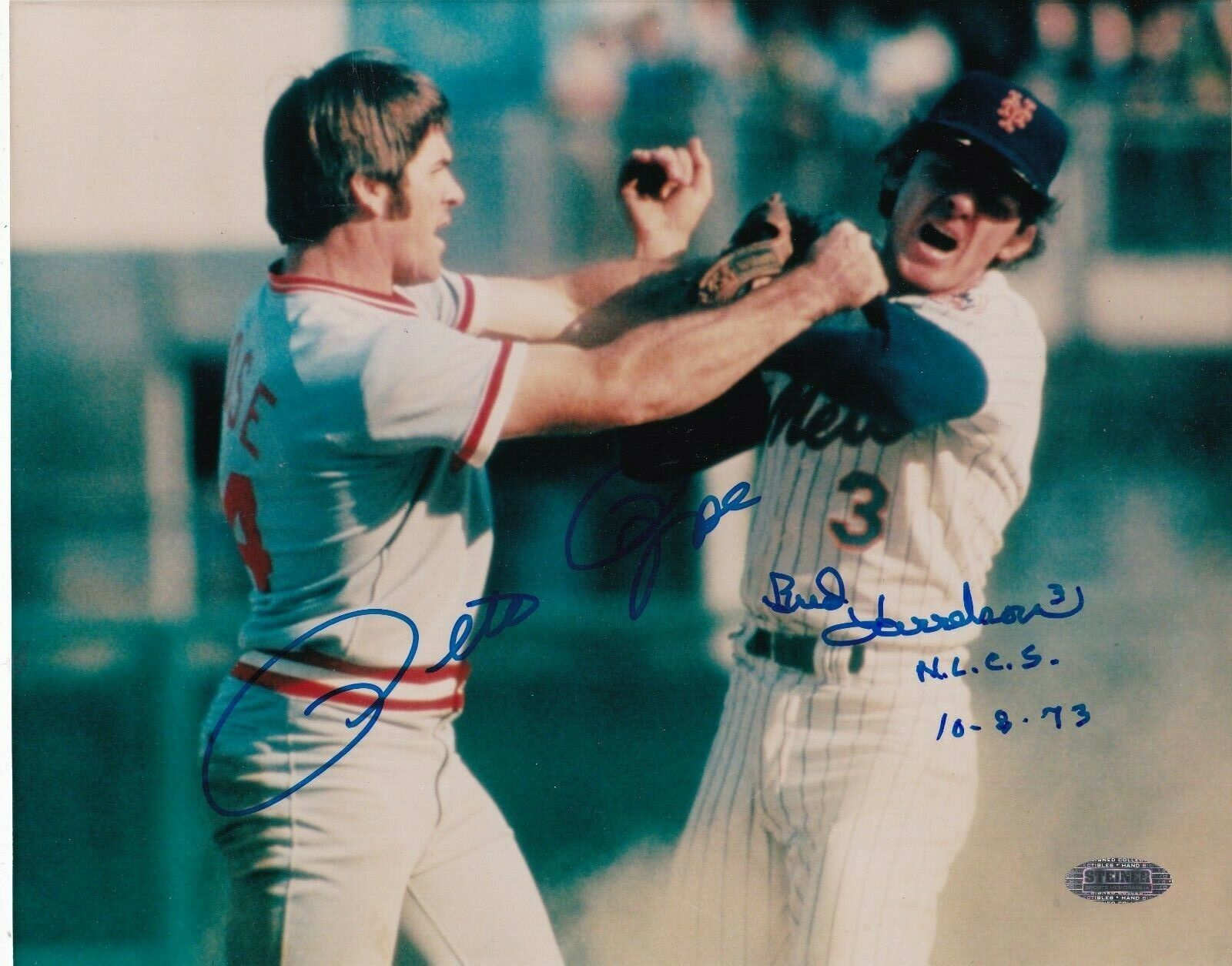 PETE ROSE / BUD HARRELSON CINCINNATI REDS / NEW YORK METS FIGHT SIGNED 8x10