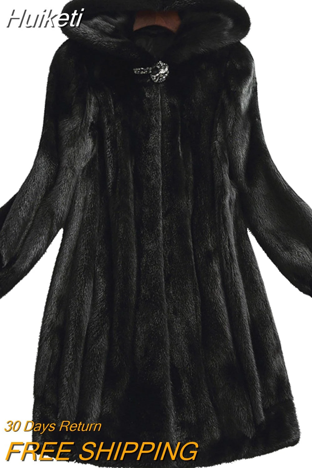 Huiketi Winter Luxury Long Black Faux Mink Fur Coat Women with Hood Long Sleeve Elegant Thick Warm Fluffy Furry Jacket 6xl 7xl