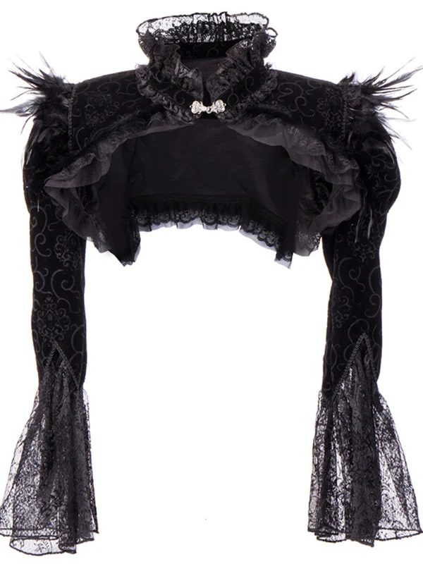 Halloween Vintage Feather Decoration Velvet Floral Jacquard Paneled Cape