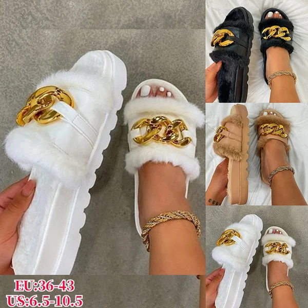 BestDealFriday Plus Size Ladies Girls Plush Slides Fashion Slip On Open Toe Sandals Comfortable Flat Fluffy Slippers Furry Shoes