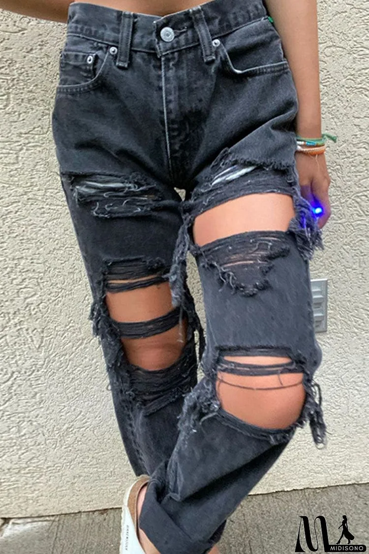 Fashion Sexy Solid Ripped Mid Waist Straight Denim