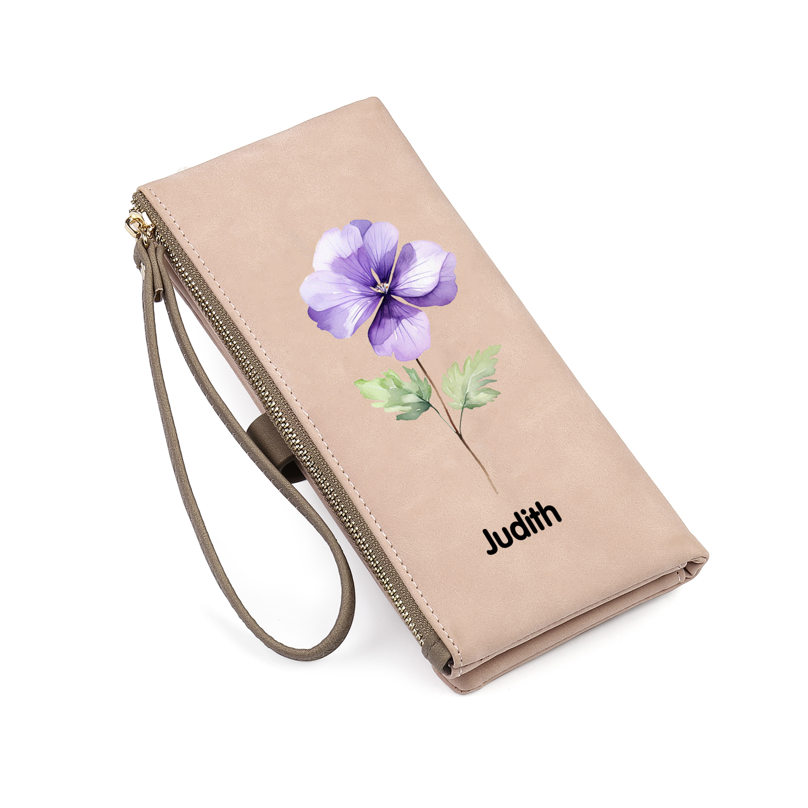 Personalized Exquisite Women'S Wallet Customized Birth Flowers And Name Zipper Women'S Wallet