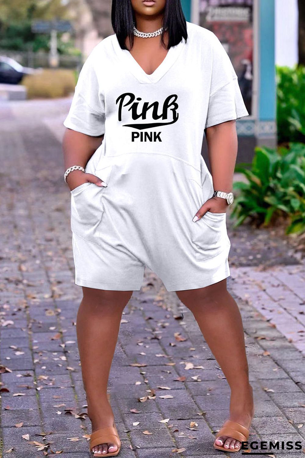 White Fashion Casual Letter Print Patchwork V Neck Regular Romper | EGEMISS