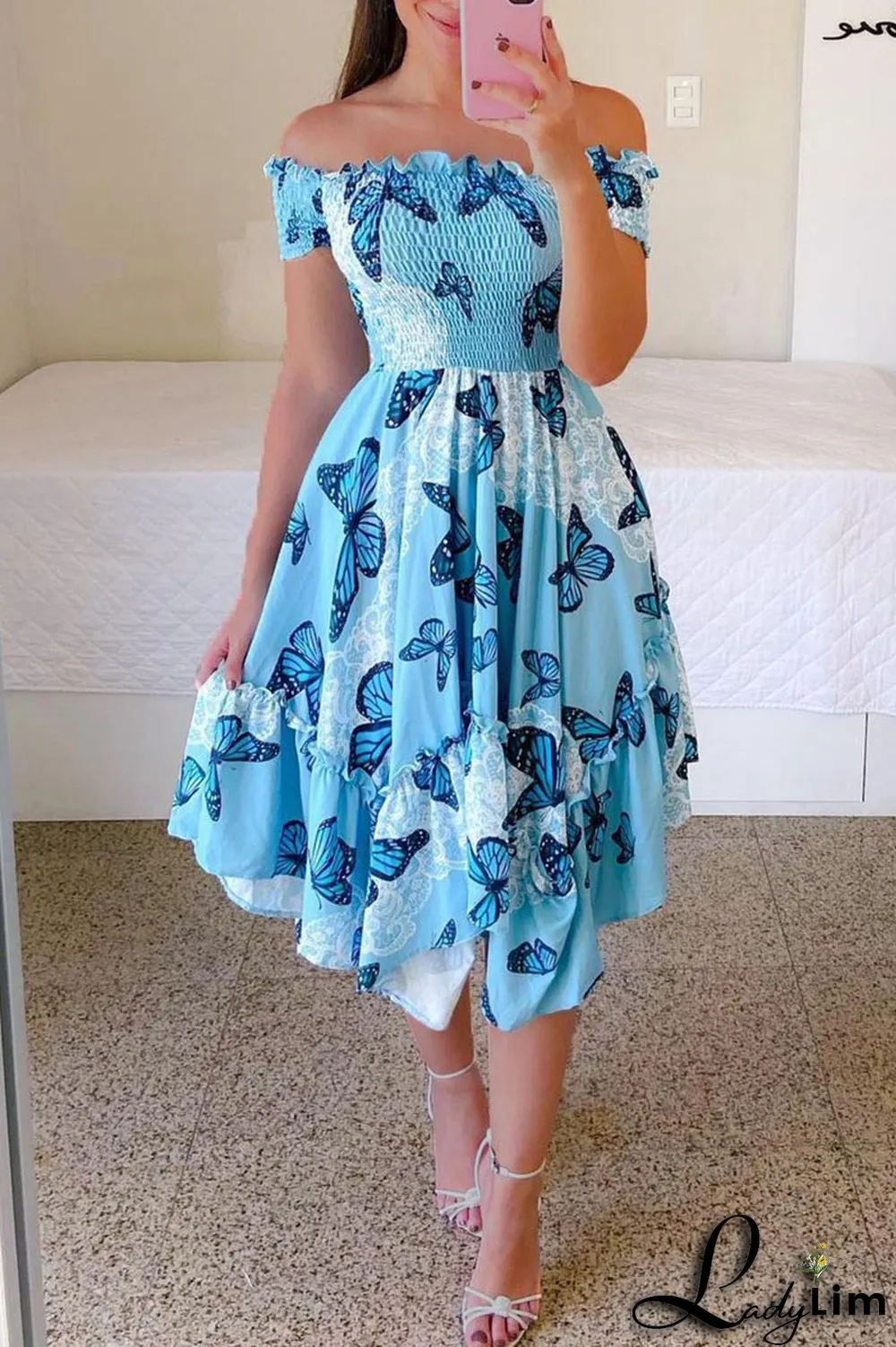 Red Casual Sweet Print Split Joint Fold Asymmetrical Off the Shoulder Irregular Dress Dresses