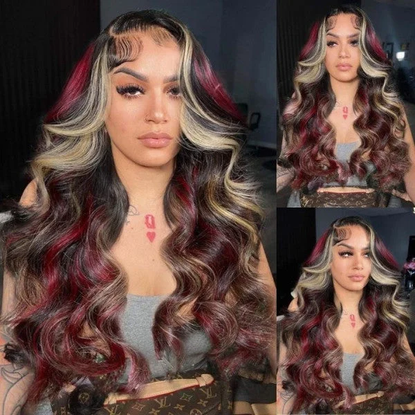 Red And Honey Blonde Mixed Highlight Wave Lace Front Wig