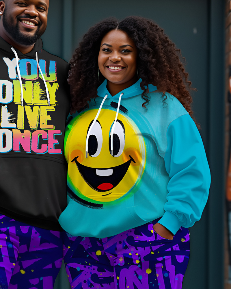 Couple Plus SizeFunny Smiley Graffiti Art Print Hoodie Set