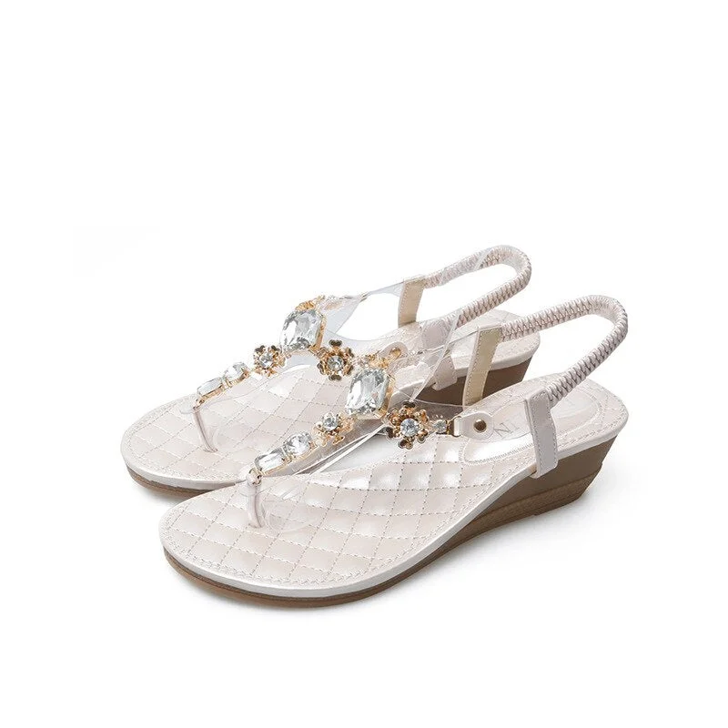 Glglgege High-quality 3 Colors Women Rhinestone Sandals Pu Leather Fashion Chains Wedges Sandals Black White Shoes Woman Summer