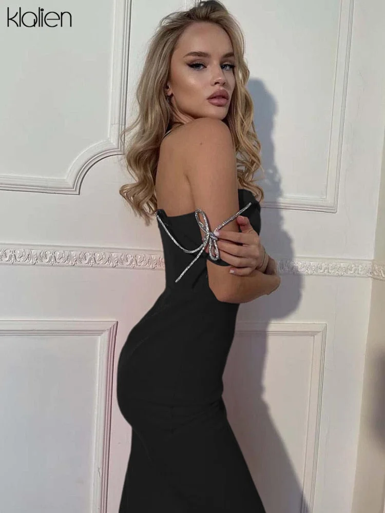 KLALIEN Fashion Elegant Diamond Tassel Strap Long Dress For Women French Romantic Birthday Party Split Solid Dress 2022 Summer