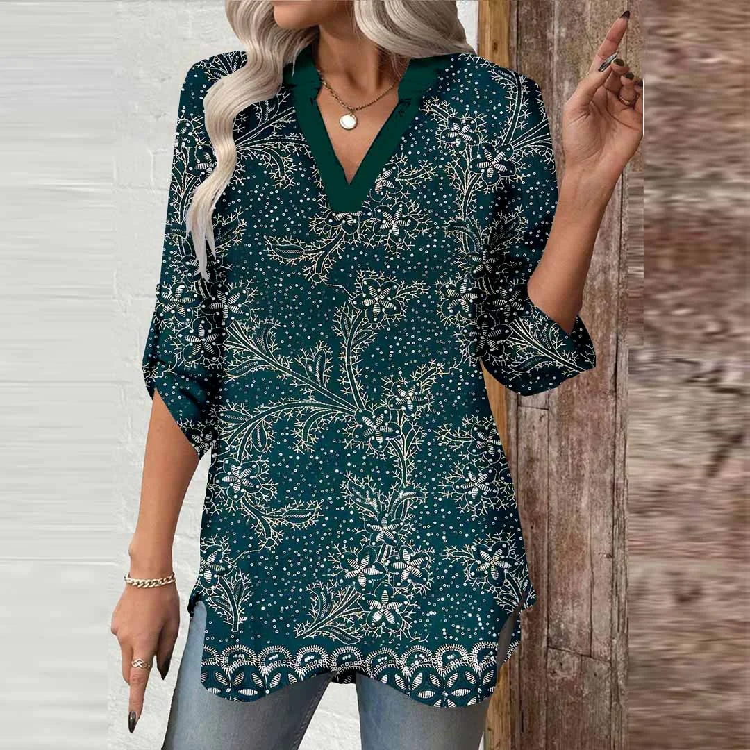 Women Foliage, Black, Dark Green, Silver DZGA0445 3/4 Sleeve V-neck Printed Graphic Button Tops
