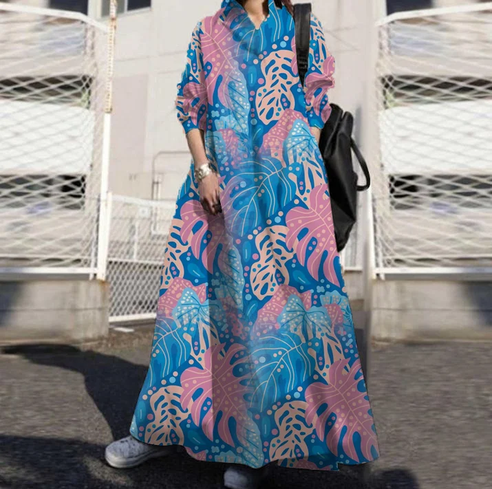 Urban Style Cotton And Linen Long-Sleeved Printed Maxi Dress
