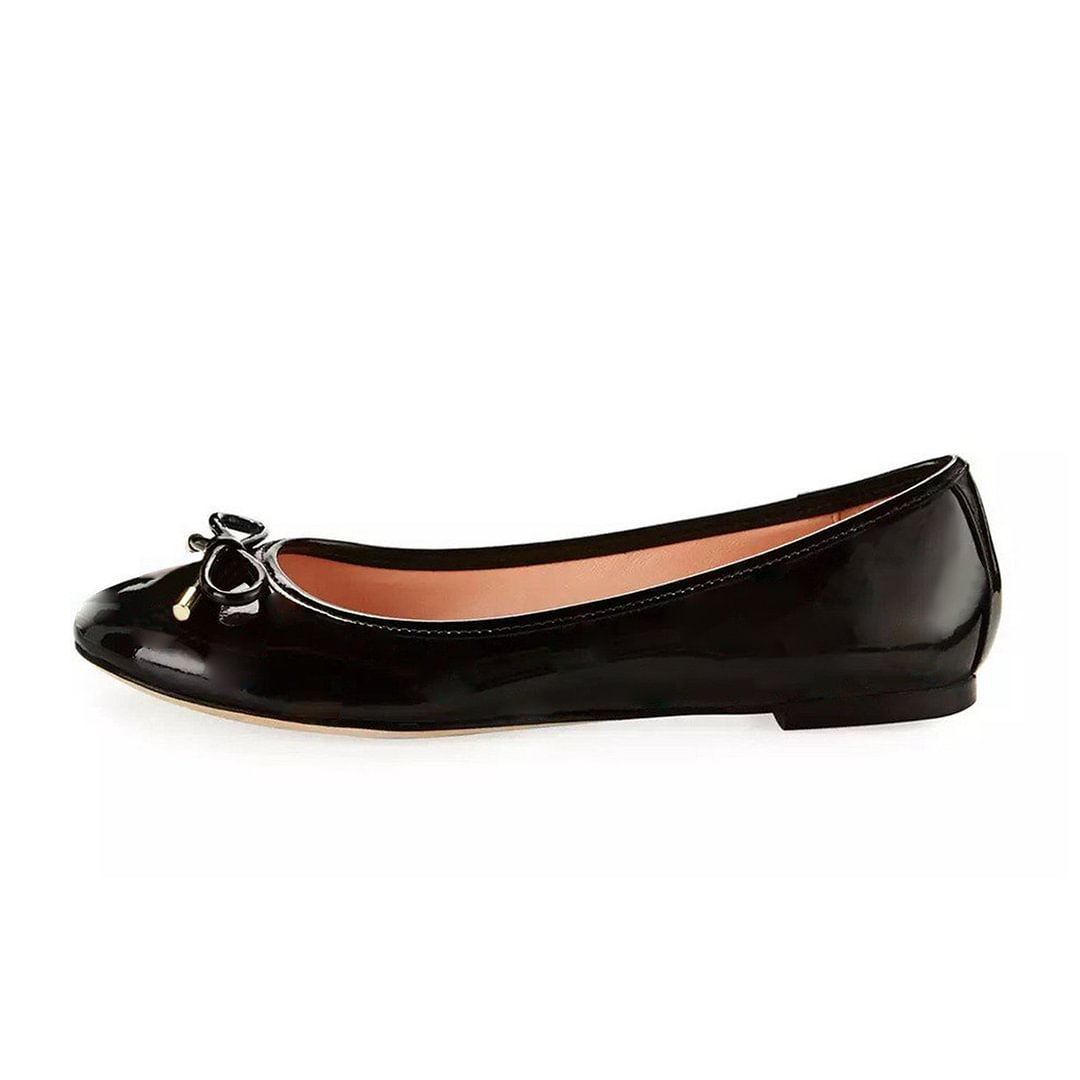 Black Patent Leather Round Toe Flat Pumps for Women with Bow Tie