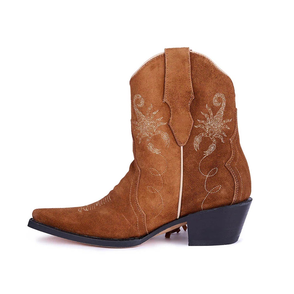 Brown Pointed Toe Scorpion Embroidery Chunky Heel Fringe Cowgirl Boots