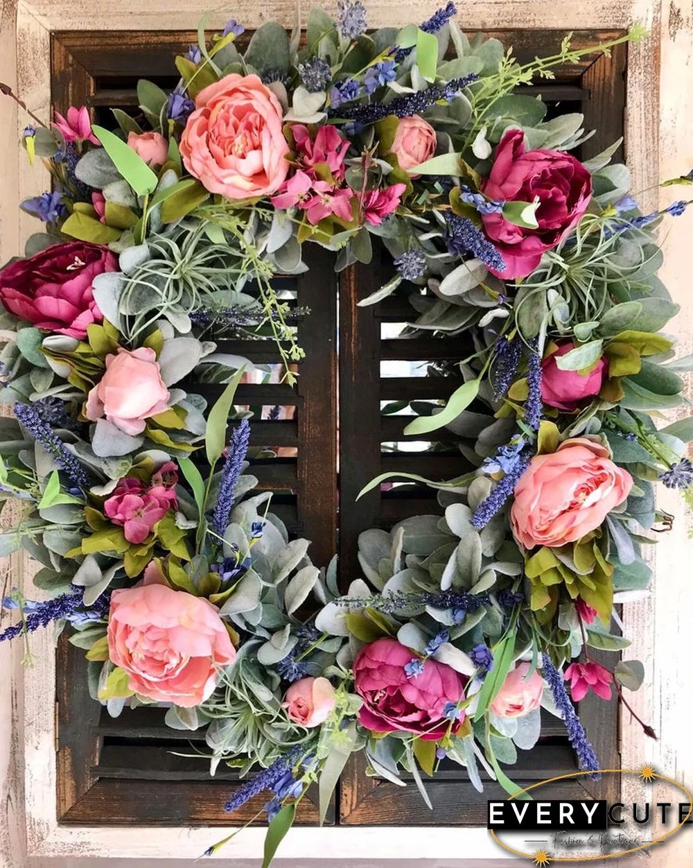 Summer peony wreath for front door - Lambs ear farmhouse wreath