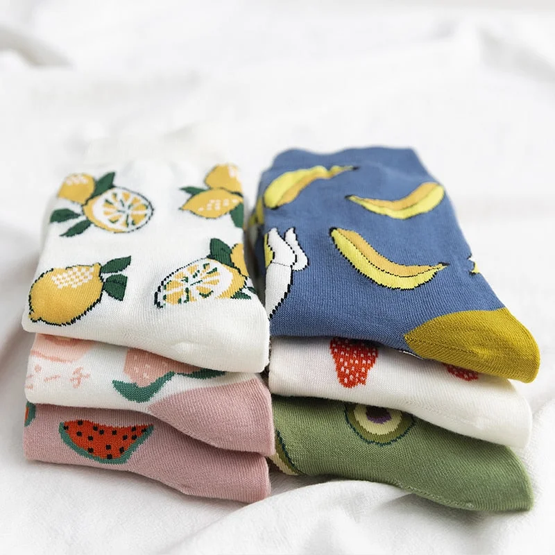 New Summer Cartoon Fruit Cotton Watermelon Lemon Strawberry Banana Avocado Women Korean Version of Socks Fashion Street Socks