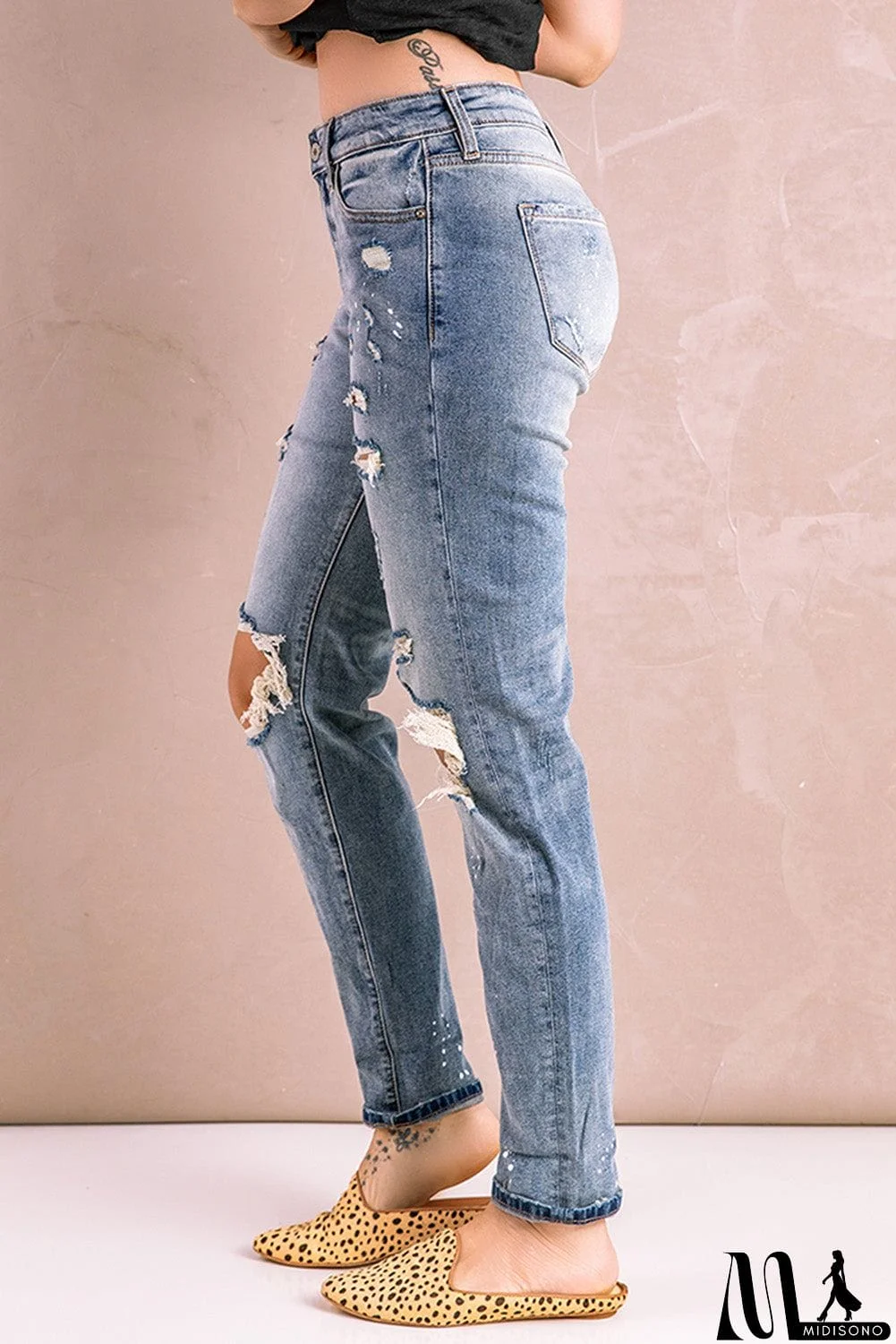 MidiSono - Distressed Faded Splatter Denim Pants