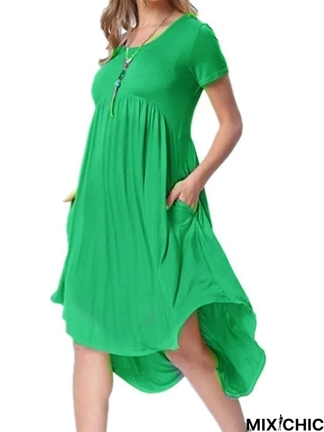 Women's T Shirt Dress Tee Dress Knee Length Dress Short Sleeve Solid Color Summer Casual Cotton