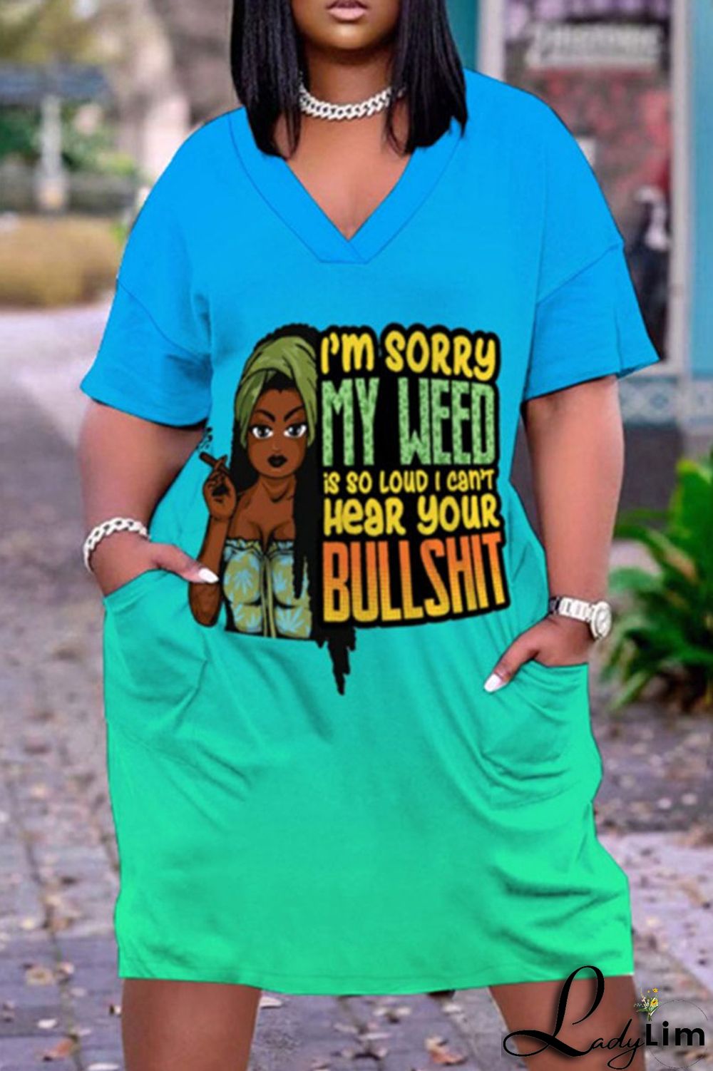 Rose Red Casual Gradual Change Print Pocket V Neck Straight Dresses