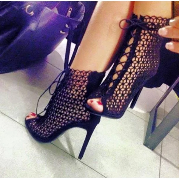 Black Laser cut Lace up Heels Peep Toe Hollow out Summer Boots |FSJ Shoes