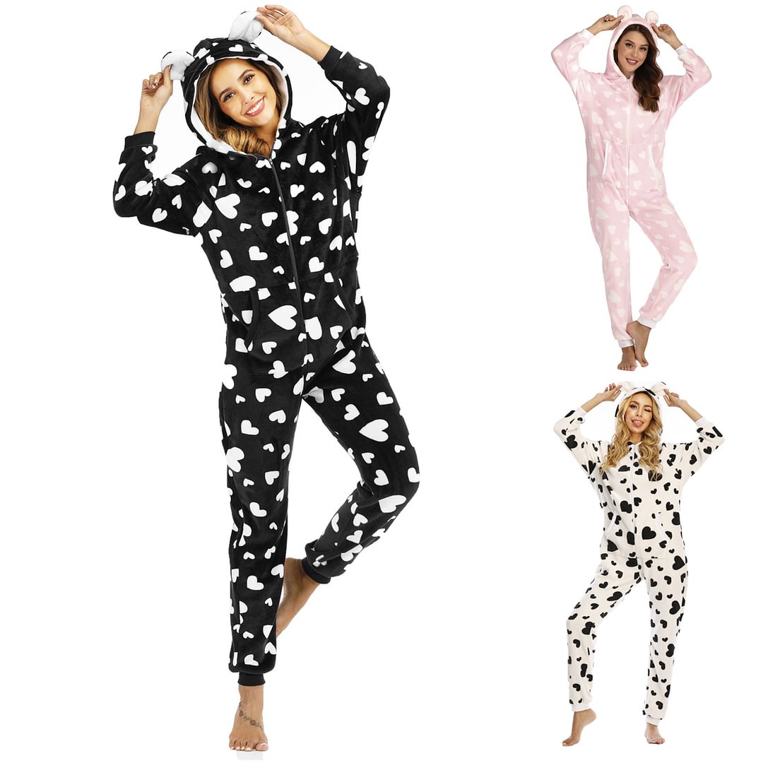 Women's Heart Zipper Onesie Pajamas One-Piece Hooded Jumpsuit Union Suit Adult-Pajamasbuy