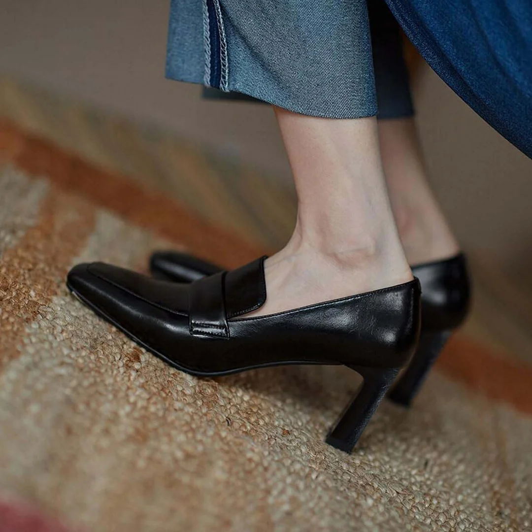 YDN Classic Square Toe Slip-On Chunky Heeled Loafers in Black