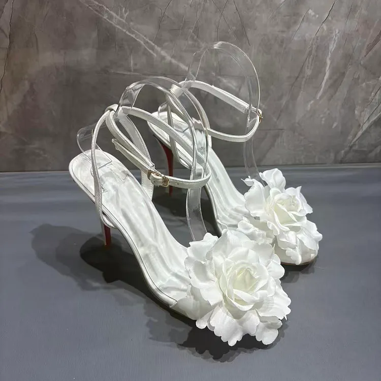 100mm Women's  Stiletto Pumps White Flowers Red Bottom Sandals Party Shoes VOCOSI VOCOSI
